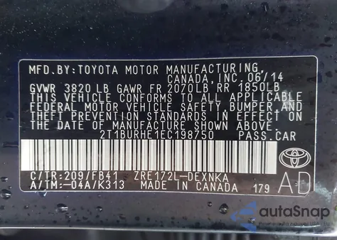 2014 Toyota Corolla Le из США, поврежденный, VIN 2T1BURHE1EC198750